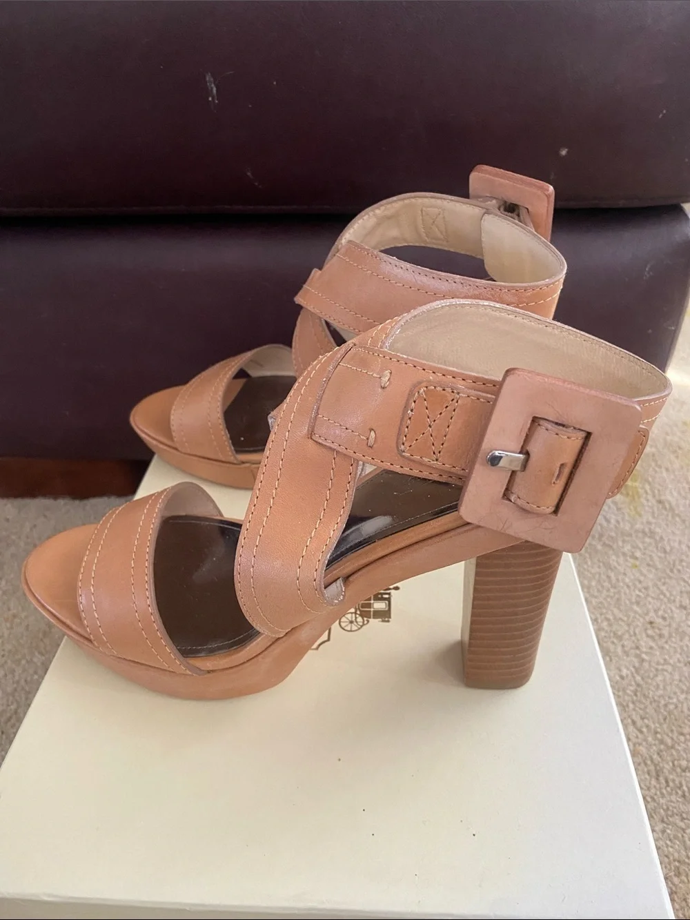 Coach Tan Leather Cross-Strap Ankle Buckle sandals